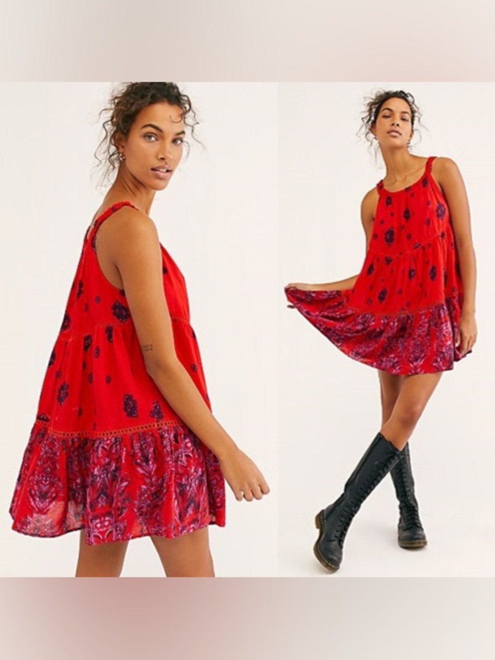 NWT $88 Free People Talk To Me Trapeze Dress S Red Paisley Floral Tiered Mini